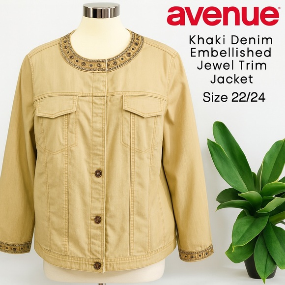 New Avenue AV/X Khaki Denim Embellished Jewel Trim Jacket - Picture 1 of 16